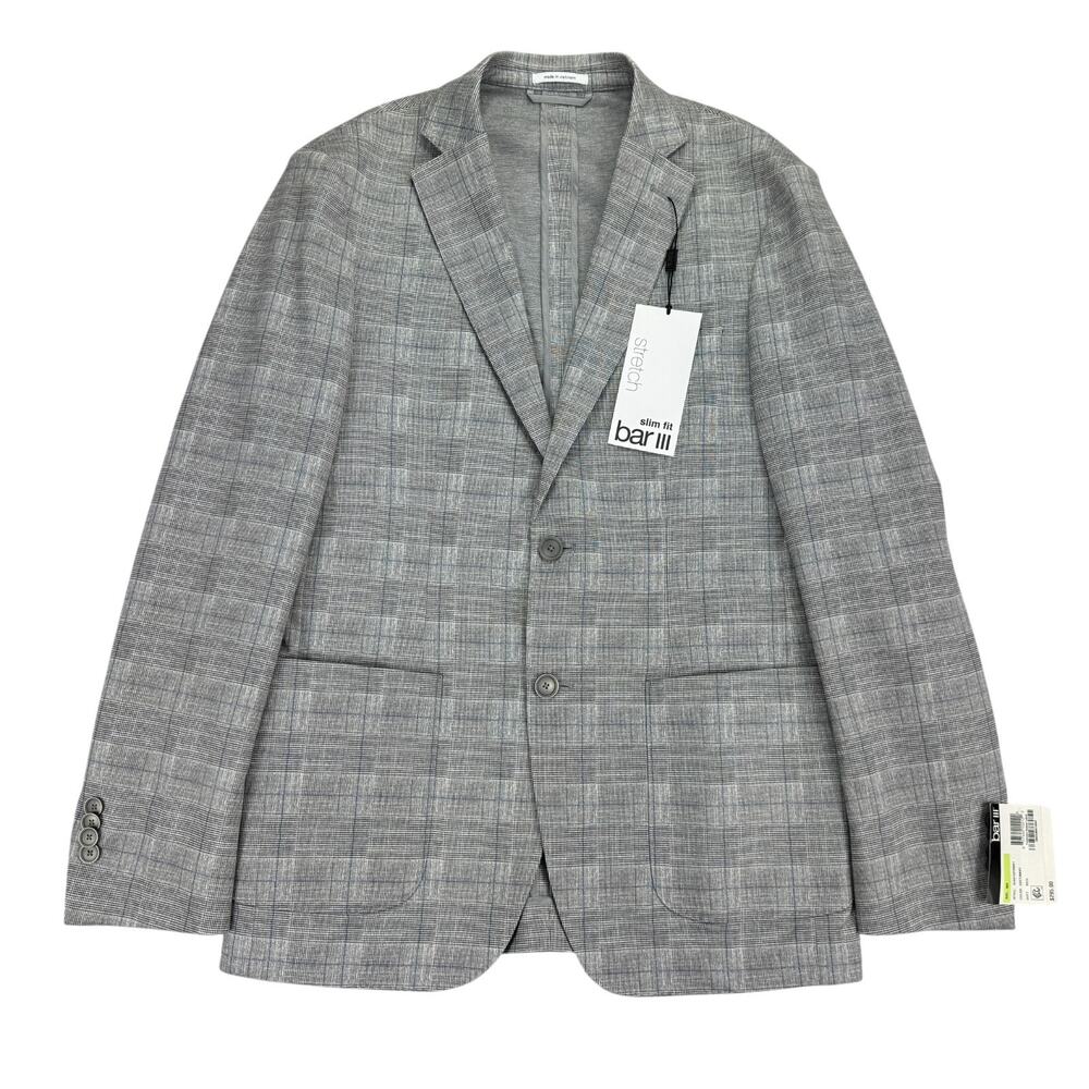 Bar III Mens Slim Fit Knit Stretch Plaid Sport Coat Gray Navy 38R